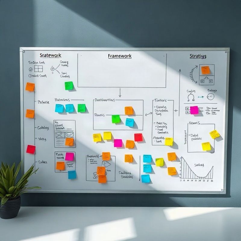 Whiteboard com diagramas estratégicos e post-its coloridos